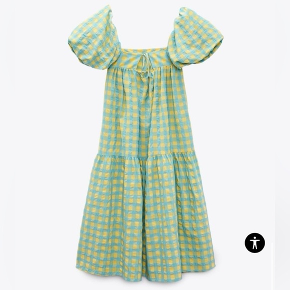 Blogger Favorite Zara Pastel Blue Yellow Puff Sleeve Dress Checkered size Small - Picture 3 of 7